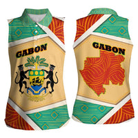 Gabon Women Sleeveless Polo Shirt with National Coat of Arms and Tribal Pattern Map Design in Bold Colors