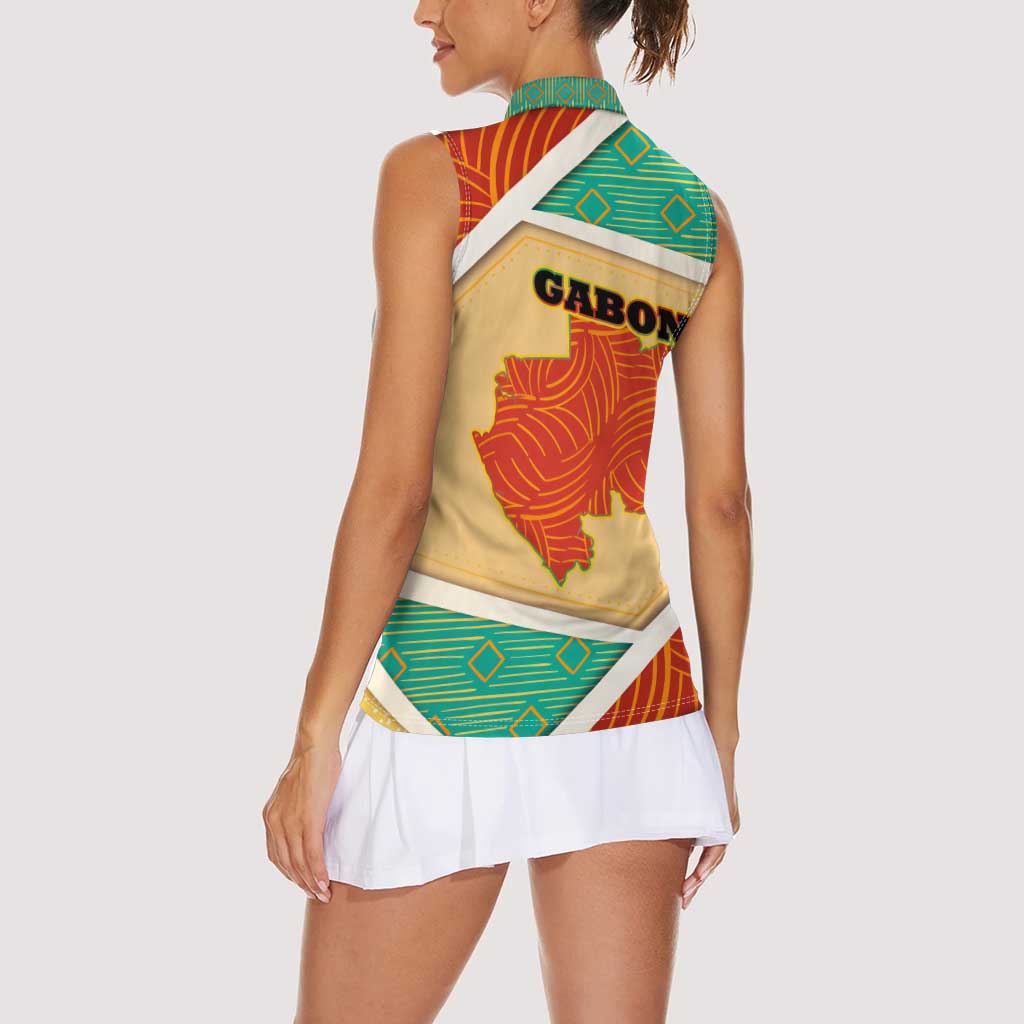 Gabon Women Sleeveless Polo Shirt with National Coat of Arms and Tribal Pattern Map Design in Bold Colors