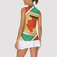 Gabon Women Sleeveless Polo Shirt with National Coat of Arms and Tribal Pattern Map Design in Bold Colors