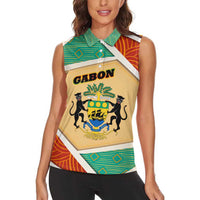 Gabon Women Sleeveless Polo Shirt with National Coat of Arms and Tribal Pattern Map Design in Bold Colors