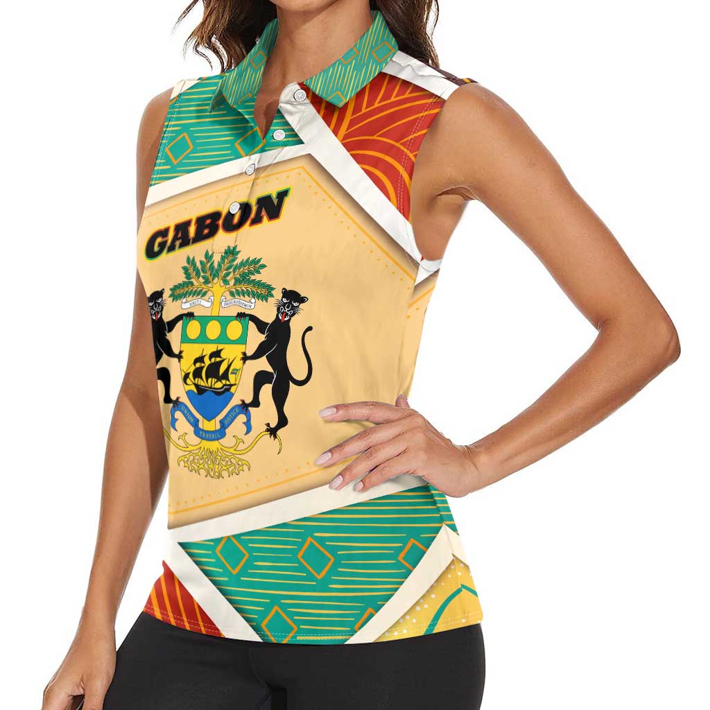 Gabon Women Sleeveless Polo Shirt with National Coat of Arms and Tribal Pattern Map Design in Bold Colors