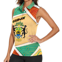 Gabon Women Sleeveless Polo Shirt with National Coat of Arms and Tribal Pattern Map Design in Bold Colors