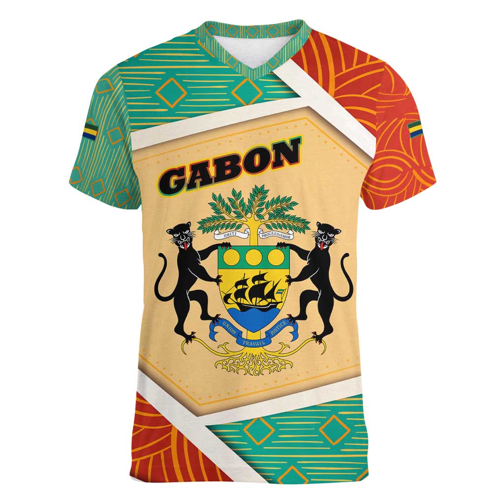 Gabon Women V-Neck T-Shirt with National Coat of Arms and Tribal Pattern Map Design in Bold Colors