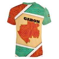 Gabon Women V-Neck T-Shirt with National Coat of Arms and Tribal Pattern Map Design in Bold Colors