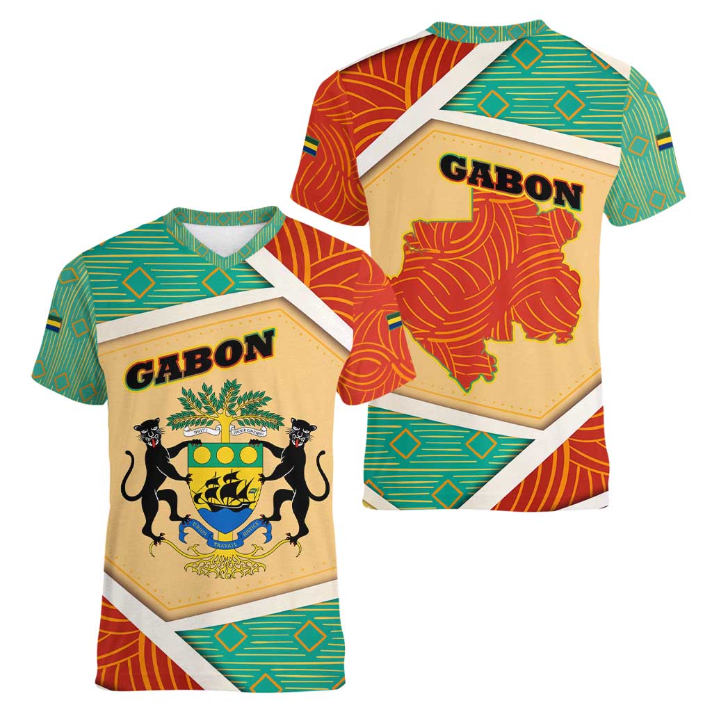 Gabon Women V-Neck T-Shirt with National Coat of Arms and Tribal Pattern Map Design in Bold Colors