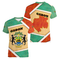 Gabon Women V-Neck T-Shirt with National Coat of Arms and Tribal Pattern Map Design in Bold Colors
