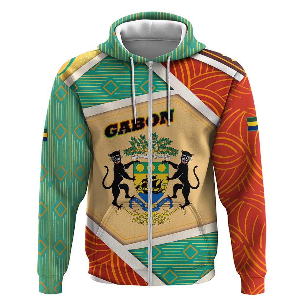 Gabon Zip Hoodie with National Coat of Arms and Tribal Pattern Map Design in Bold Colors