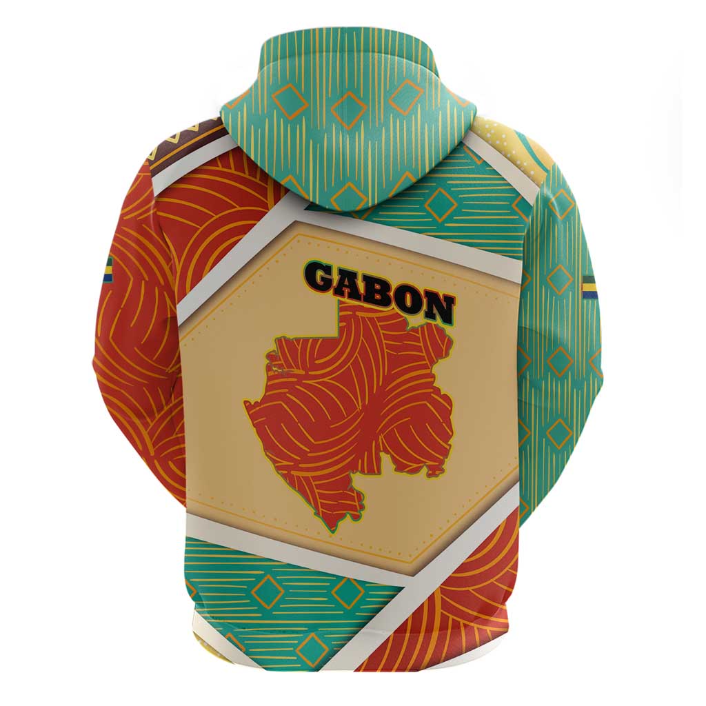 Gabon Zip Hoodie with National Coat of Arms and Tribal Pattern Map Design in Bold Colors