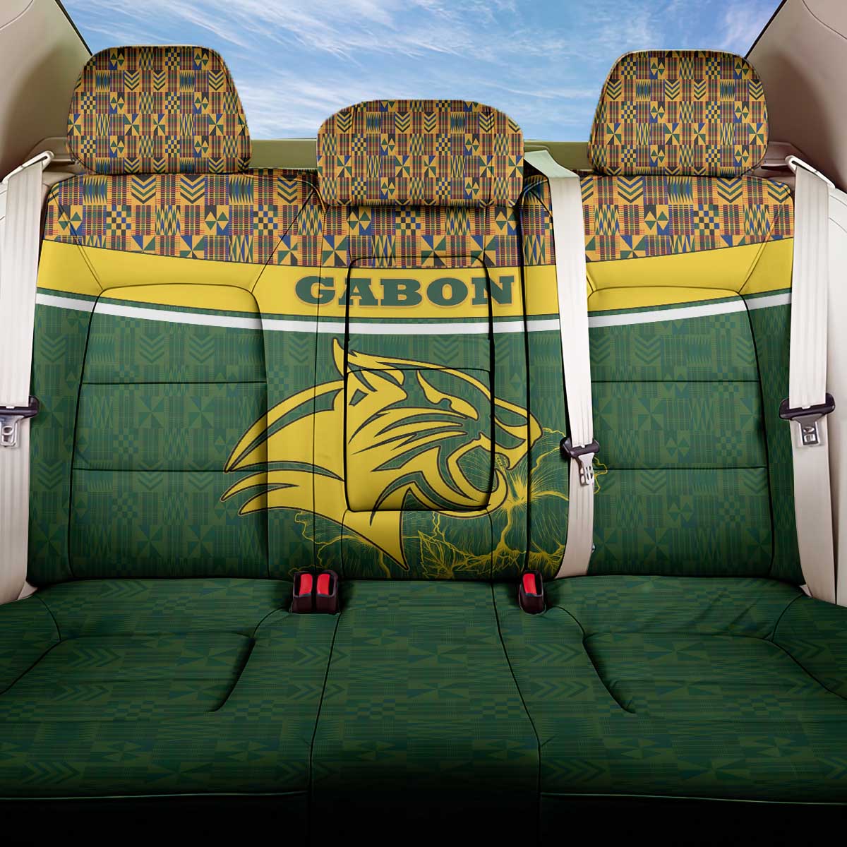 Gabon Back Car Seat Cover with Tribal Print and Fierce Panther Graphic in National Flag Colors - Wonder Print Shop