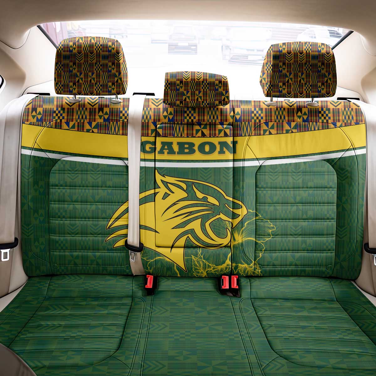 Gabon Back Car Seat Cover with Tribal Print and Fierce Panther Graphic in National Flag Colors - Wonder Print Shop