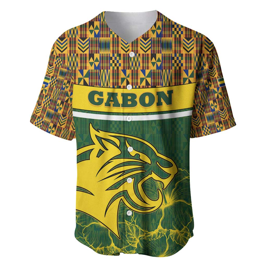 Gabon Baseball Jersey with Tribal Print and Fierce Panther Graphic in National Flag Colors - Wonder Print Shop