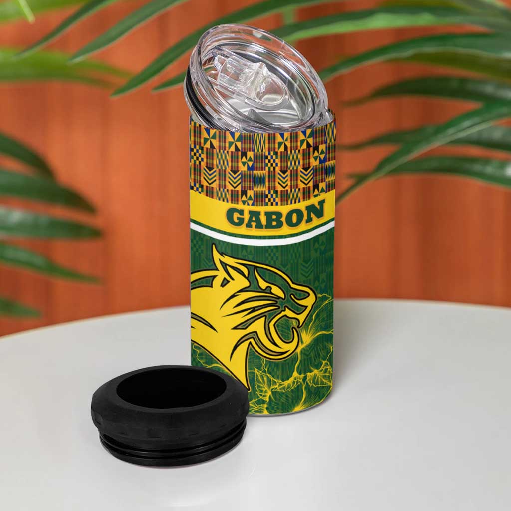 Gabon 4 in 1 Can Cooler Tumbler with Tribal Print and Fierce Panther Graphic in National Flag Colors - Wonder Print Shop