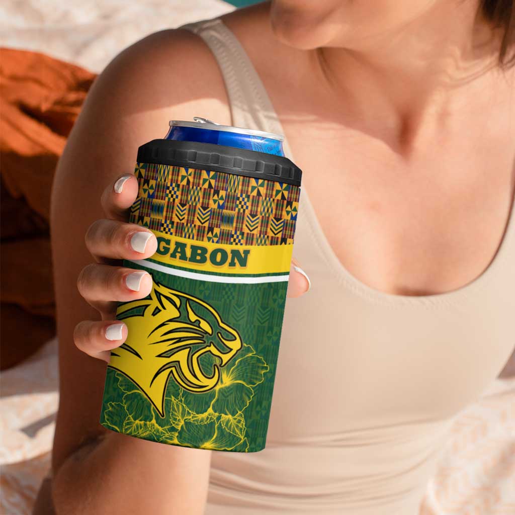 Gabon 4 in 1 Can Cooler Tumbler with Tribal Print and Fierce Panther Graphic in National Flag Colors - Wonder Print Shop