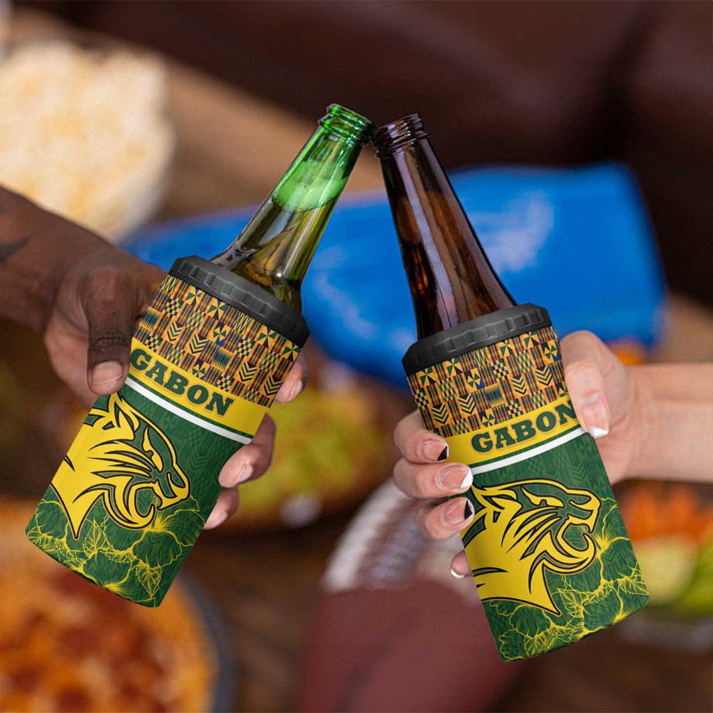Gabon 4 in 1 Can Cooler Tumbler with Tribal Print and Fierce Panther Graphic in National Flag Colors - Wonder Print Shop