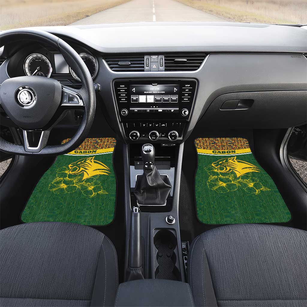Gabon Car Mats with Tribal Print and Fierce Panther Graphic in National Flag Colors - Wonder Print Shop