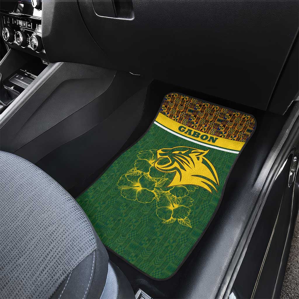 Gabon Car Mats with Tribal Print and Fierce Panther Graphic in National Flag Colors - Wonder Print Shop
