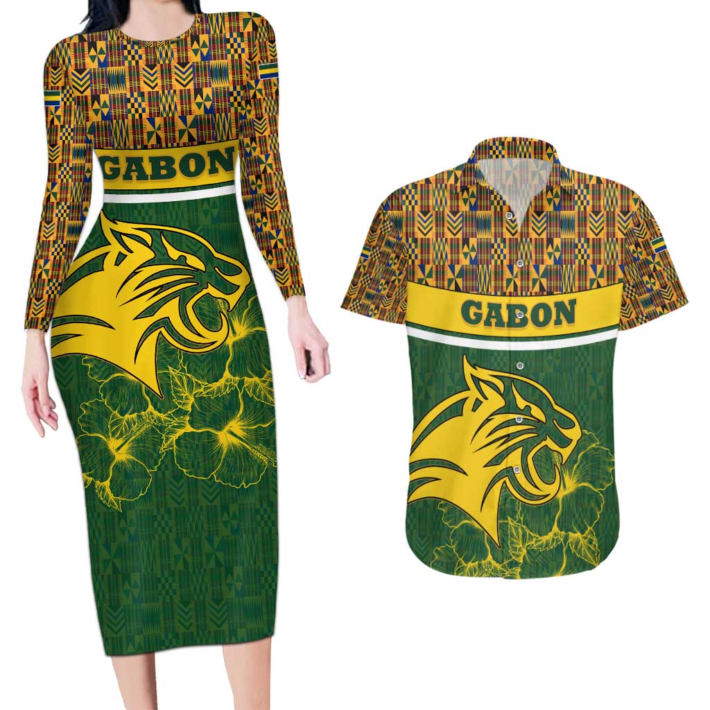 Gabon Couples Matching Long Sleeve Bodycon Dress and Hawaiian Shirt with Tribal Print and Fierce Panther Graphic in National Flag Colors - Wonder Print Shop
