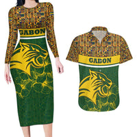 Gabon Couples Matching Long Sleeve Bodycon Dress and Hawaiian Shirt with Tribal Print and Fierce Panther Graphic in National Flag Colors - Wonder Print Shop