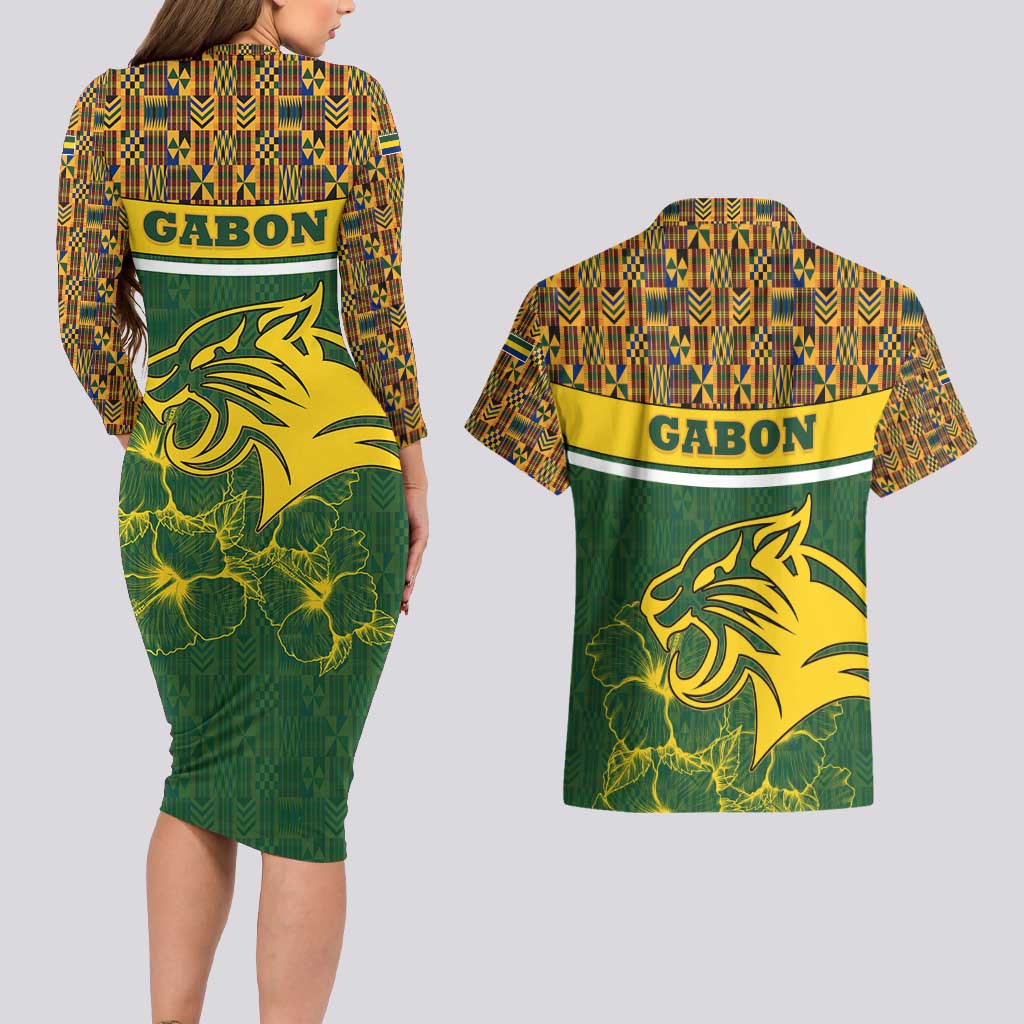 Gabon Couples Matching Long Sleeve Bodycon Dress and Hawaiian Shirt with Tribal Print and Fierce Panther Graphic in National Flag Colors - Wonder Print Shop
