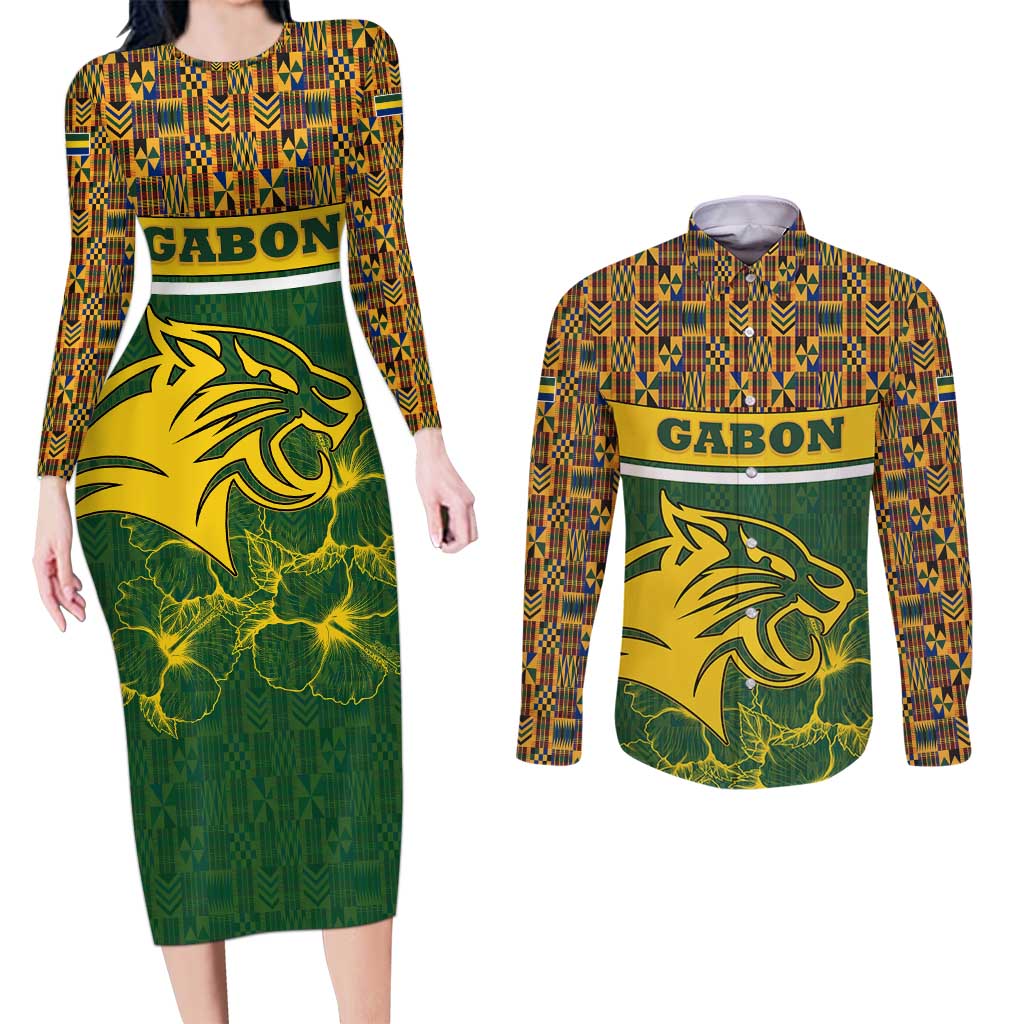 Gabon Couples Matching Long Sleeve Bodycon Dress and Long Sleeve Button Shirt with Tribal Print and Fierce Panther Graphic in National Flag Colors - Wonder Print Shop