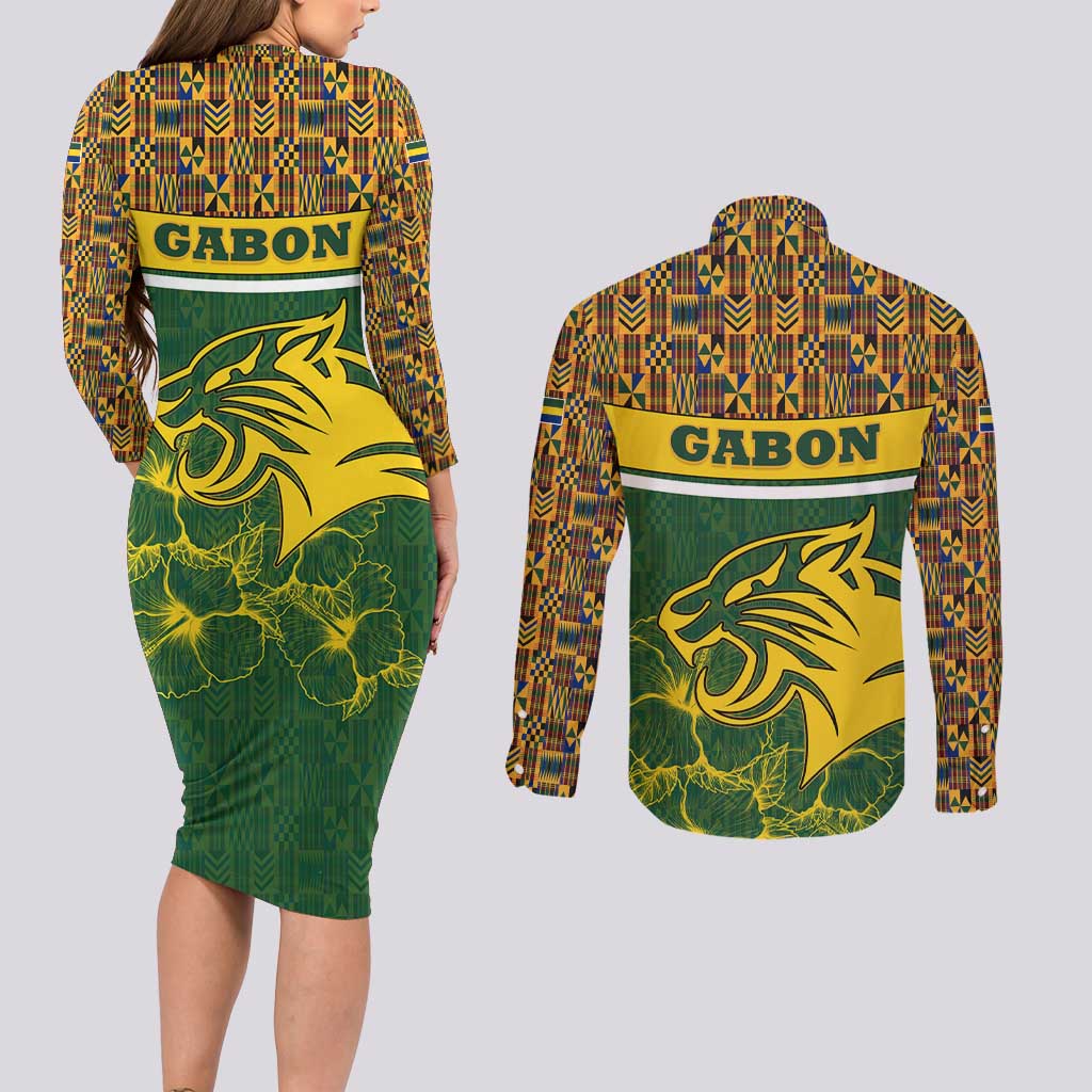 Gabon Couples Matching Long Sleeve Bodycon Dress and Long Sleeve Button Shirt with Tribal Print and Fierce Panther Graphic in National Flag Colors - Wonder Print Shop