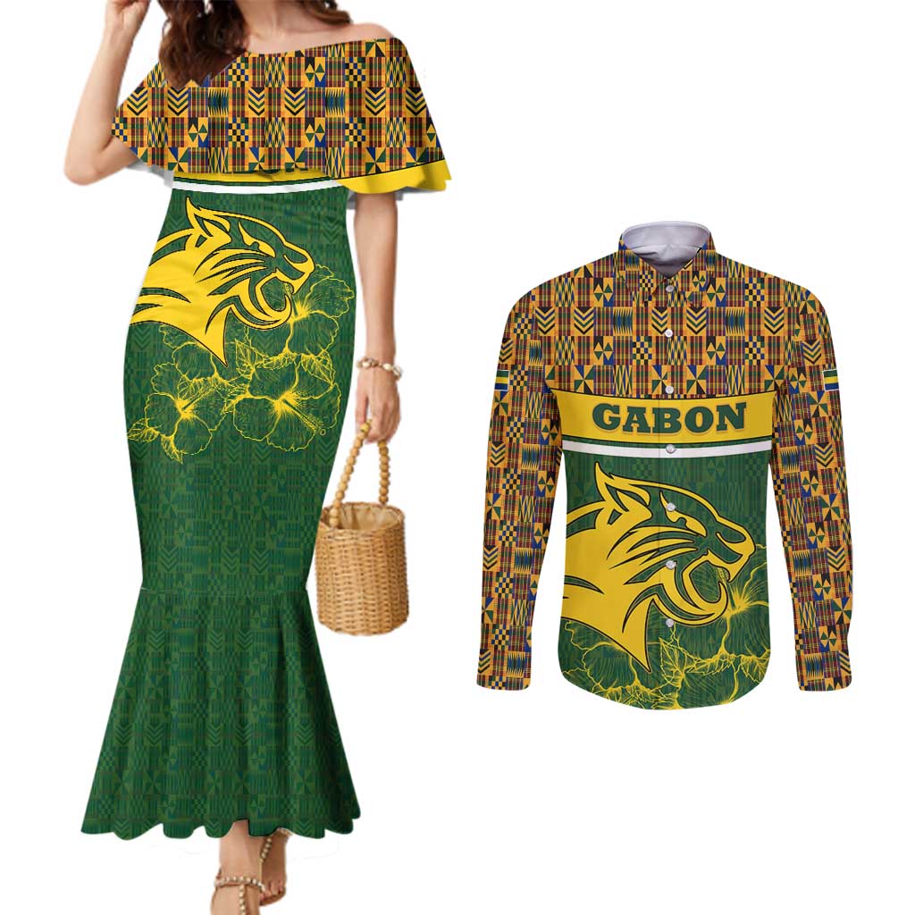 Gabon Couples Matching Mermaid Dress and Long Sleeve Button Shirt with Tribal Print and Fierce Panther Graphic in National Flag Colors - Wonder Print Shop