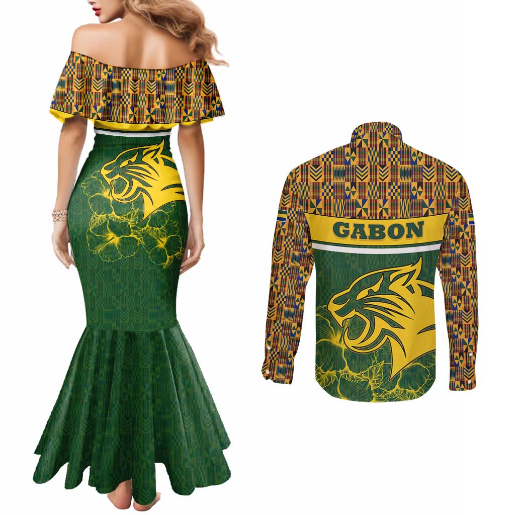 Gabon Couples Matching Mermaid Dress and Long Sleeve Button Shirt with Tribal Print and Fierce Panther Graphic in National Flag Colors - Wonder Print Shop