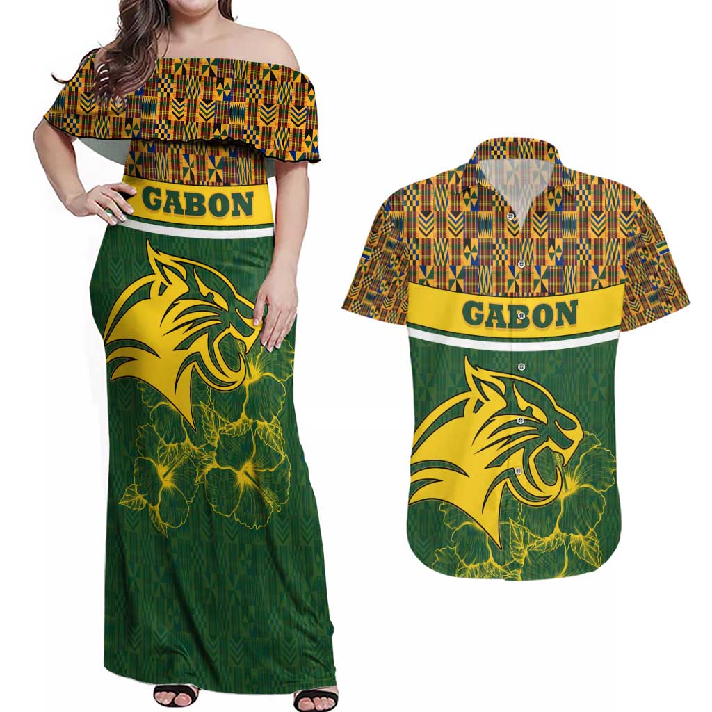 Gabon Couples Matching Off Shoulder Maxi Dress and Hawaiian Shirt with Tribal Print and Fierce Panther Graphic in National Flag Colors - Wonder Print Shop