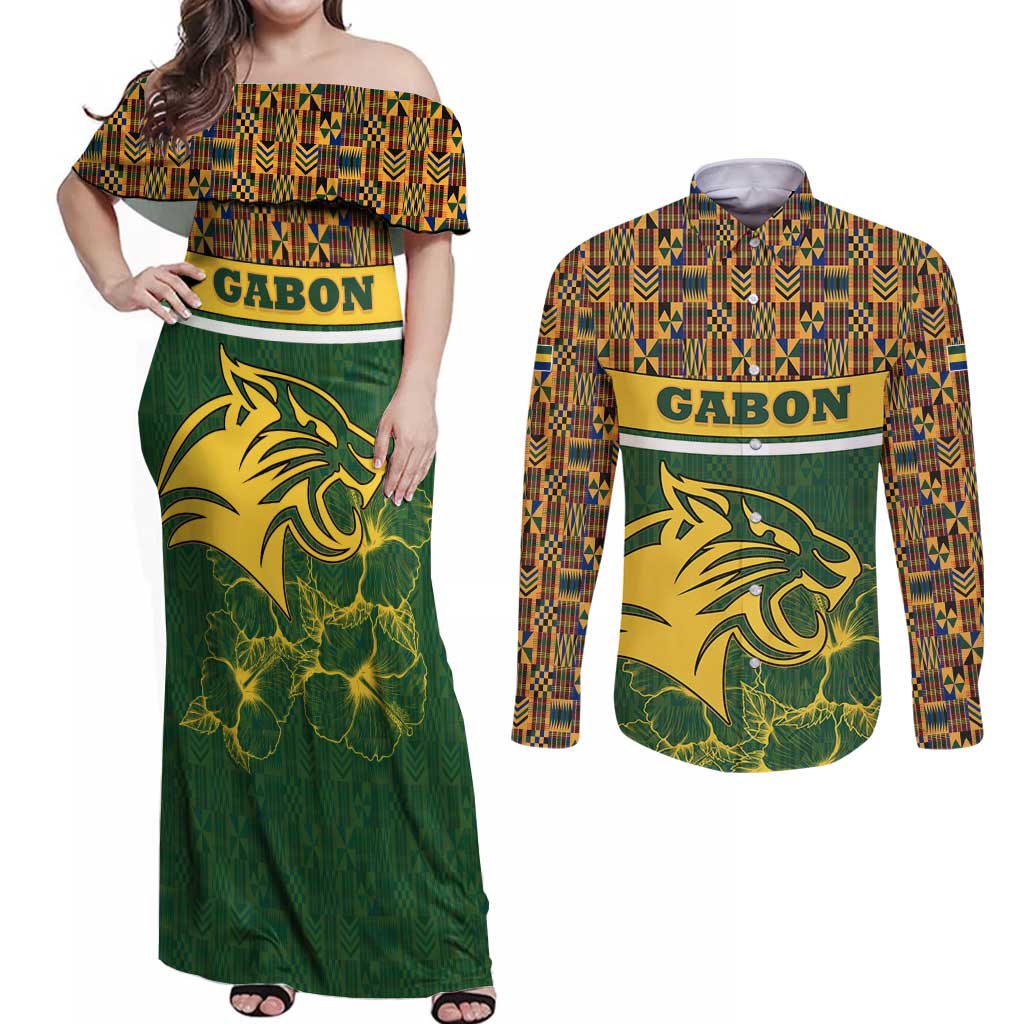 Gabon Couples Matching Off Shoulder Maxi Dress and Long Sleeve Button Shirt with Tribal Print and Fierce Panther Graphic in National Flag Colors - Wonder Print Shop