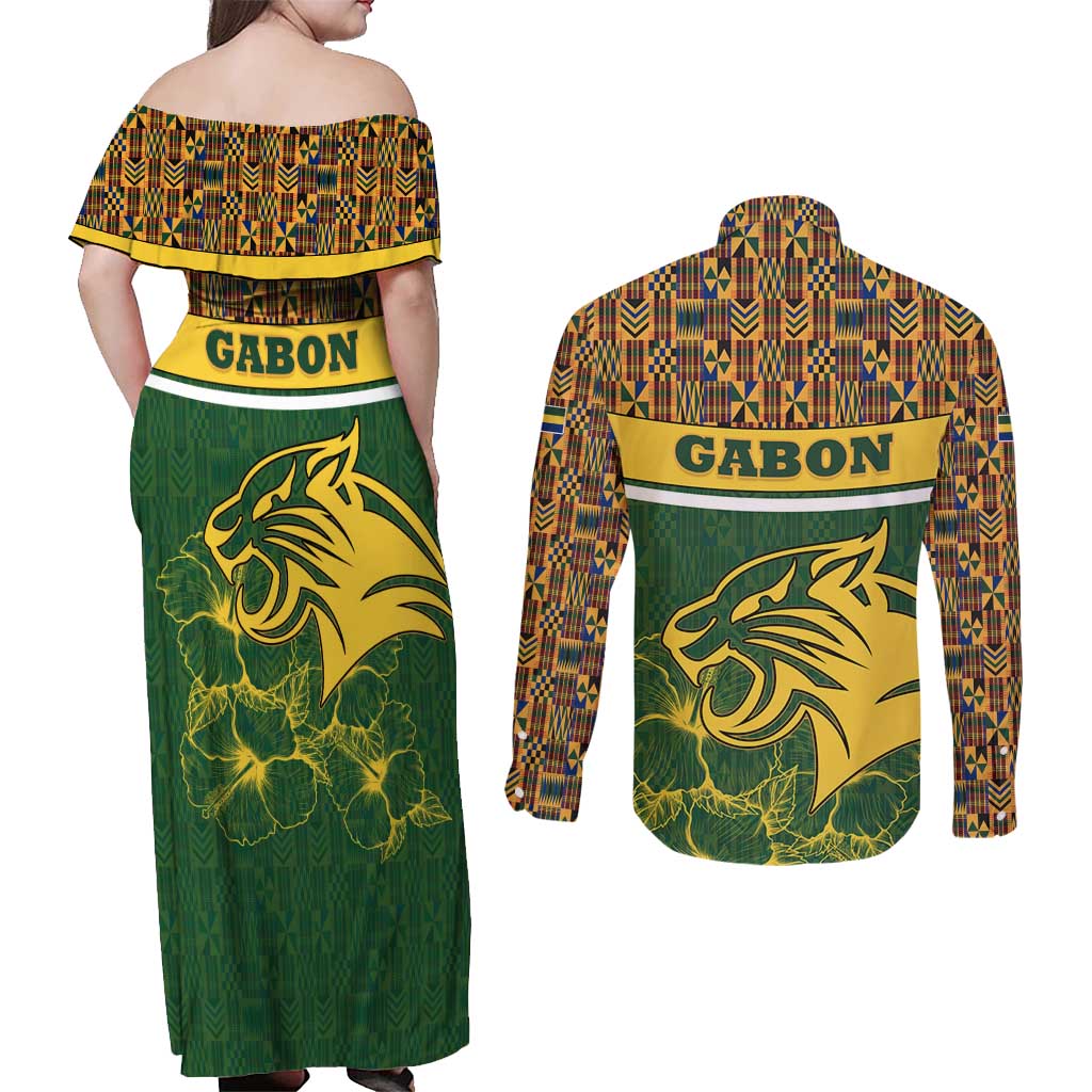 Gabon Couples Matching Off Shoulder Maxi Dress and Long Sleeve Button Shirt with Tribal Print and Fierce Panther Graphic in National Flag Colors - Wonder Print Shop
