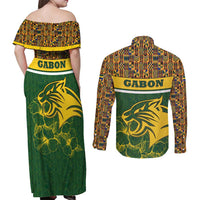 Gabon Couples Matching Off Shoulder Maxi Dress and Long Sleeve Button Shirt with Tribal Print and Fierce Panther Graphic in National Flag Colors - Wonder Print Shop