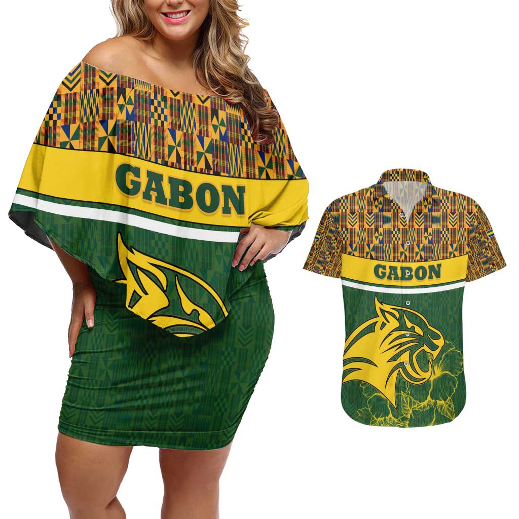 Gabon Couples Matching Off Shoulder Short Dress and Hawaiian Shirt with Tribal Print and Fierce Panther Graphic in National Flag Colors - Wonder Print Shop