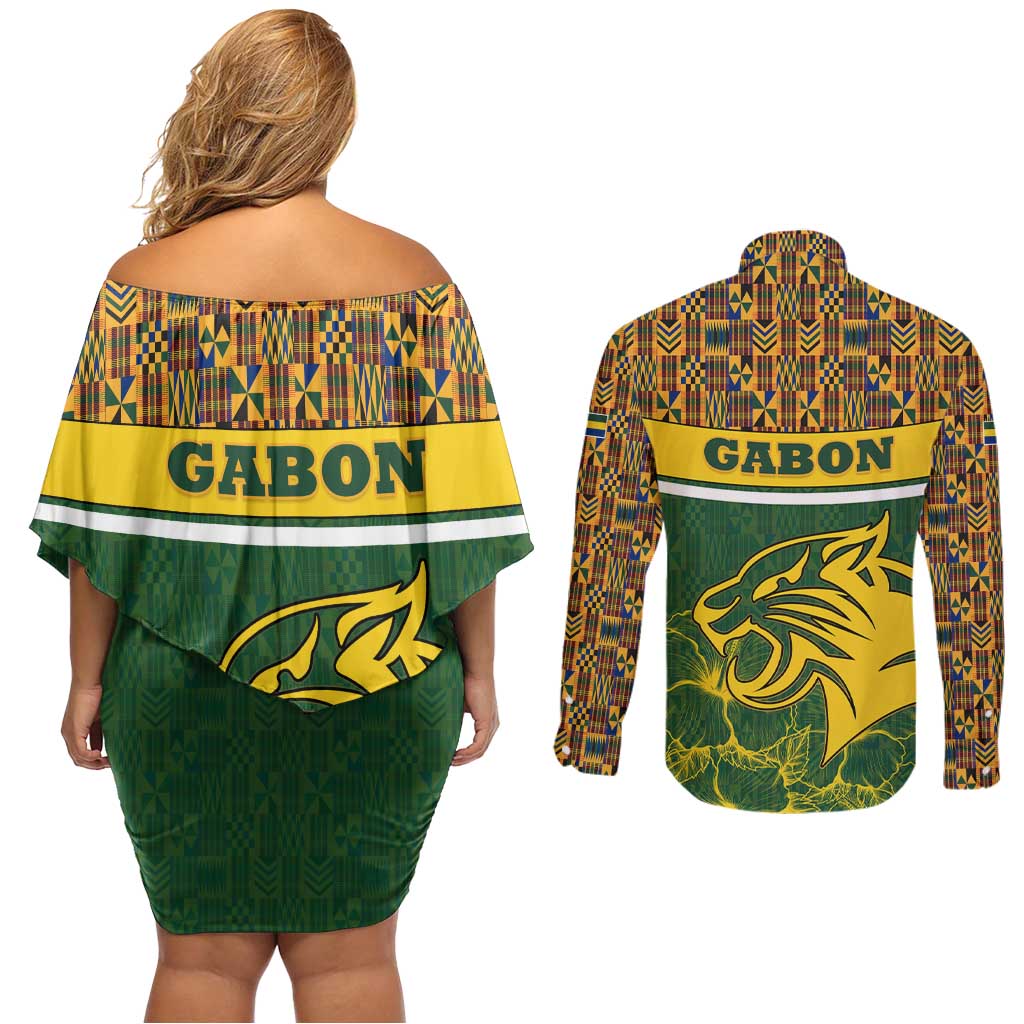 Gabon Couples Matching Off Shoulder Short Dress and Long Sleeve Button Shirt with Tribal Print and Fierce Panther Graphic in National Flag Colors - Wonder Print Shop