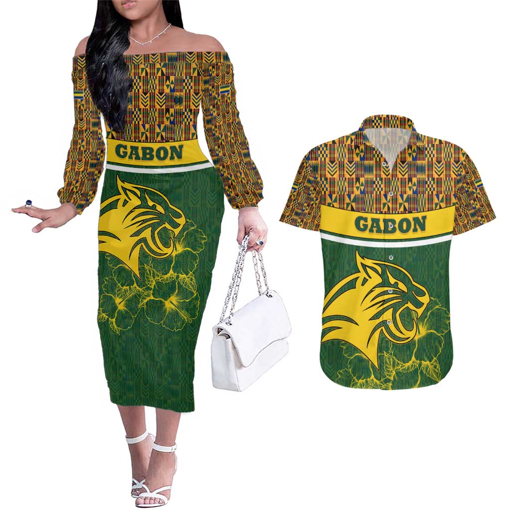 Gabon Couples Matching Off The Shoulder Long Sleeve Dress and Hawaiian Shirt with Tribal Print and Fierce Panther Graphic in National Flag Colors - Wonder Print Shop