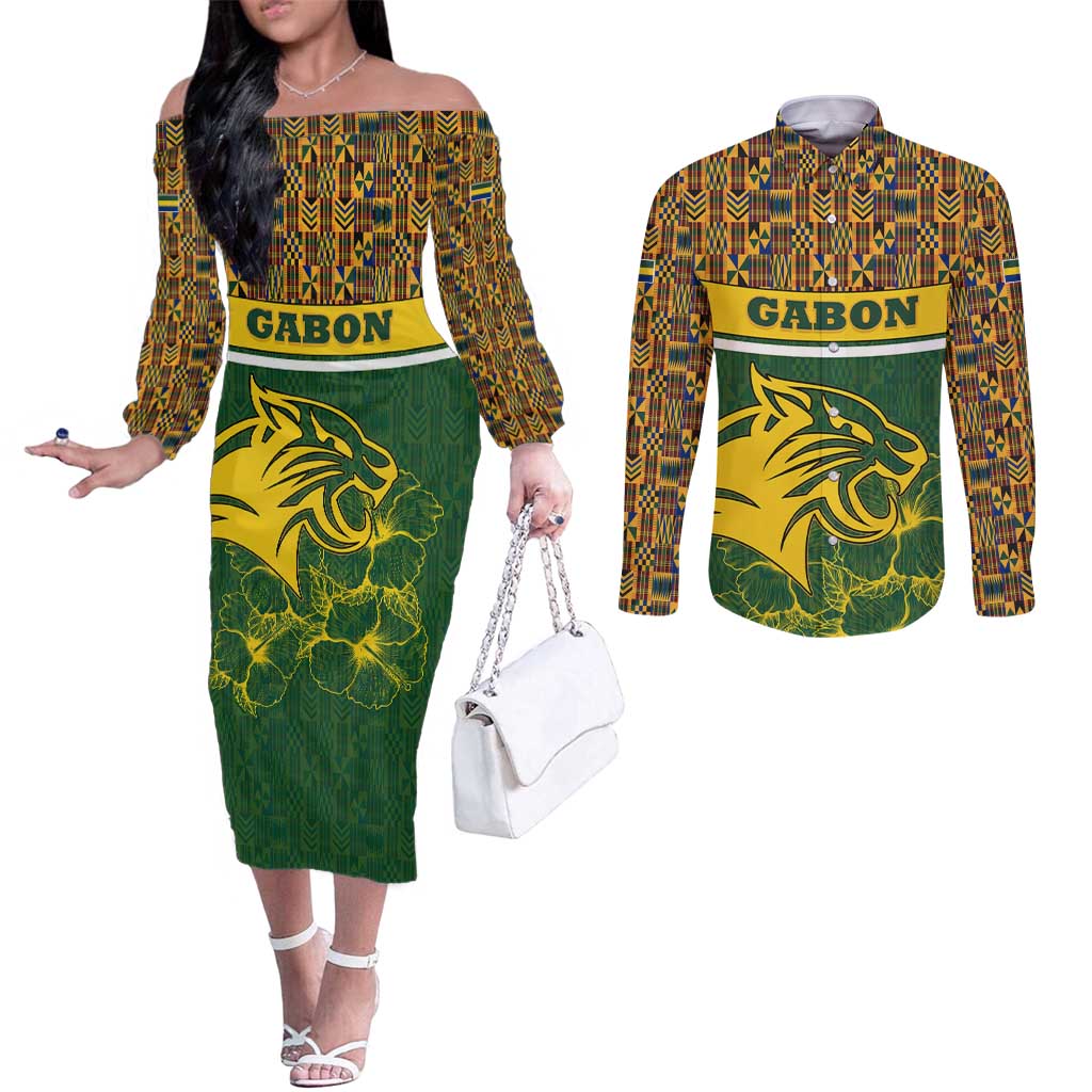 Gabon Couples Matching Off The Shoulder Long Sleeve Dress and Long Sleeve Button Shirt with Tribal Print and Fierce Panther Graphic in National Flag Colors - Wonder Print Shop