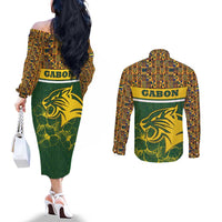 Gabon Couples Matching Off The Shoulder Long Sleeve Dress and Long Sleeve Button Shirt with Tribal Print and Fierce Panther Graphic in National Flag Colors - Wonder Print Shop
