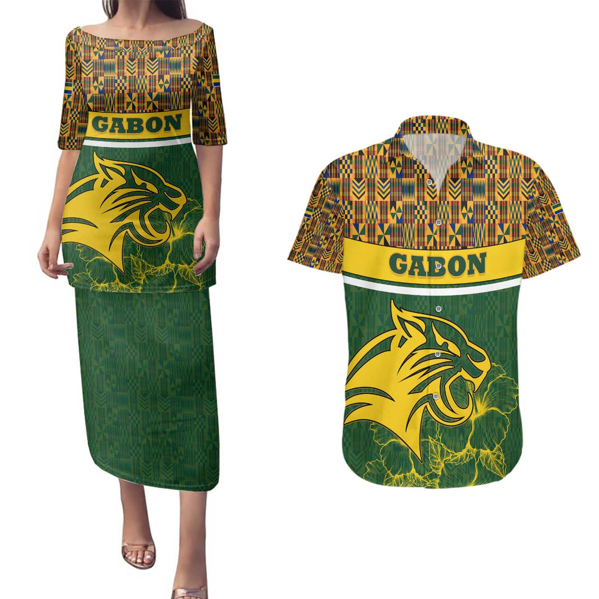 Gabon Couples Matching Puletasi and Hawaiian Shirt with Tribal Print and Fierce Panther Graphic in National Flag Colors - Wonder Print Shop