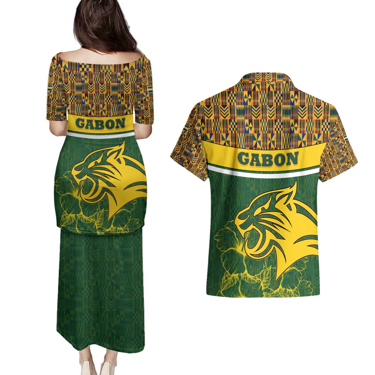 Gabon Couples Matching Puletasi and Hawaiian Shirt with Tribal Print and Fierce Panther Graphic in National Flag Colors - Wonder Print Shop