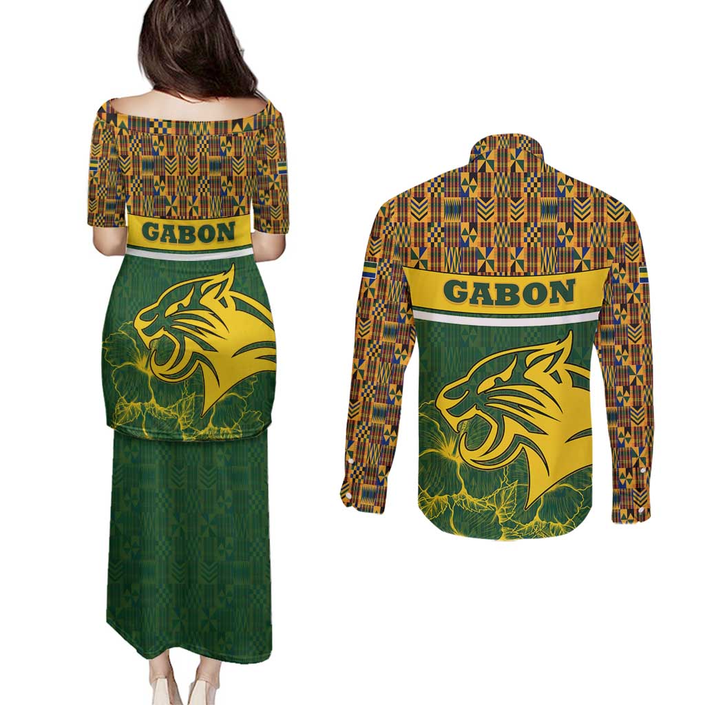 Gabon Couples Matching Puletasi and Long Sleeve Button Shirt with Tribal Print and Fierce Panther Graphic in National Flag Colors - Wonder Print Shop