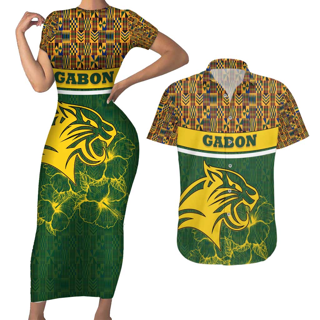 Gabon Couples Matching Short Sleeve Bodycon Dress and Hawaiian Shirt with Tribal Print and Fierce Panther Graphic in National Flag Colors - Wonder Print Shop