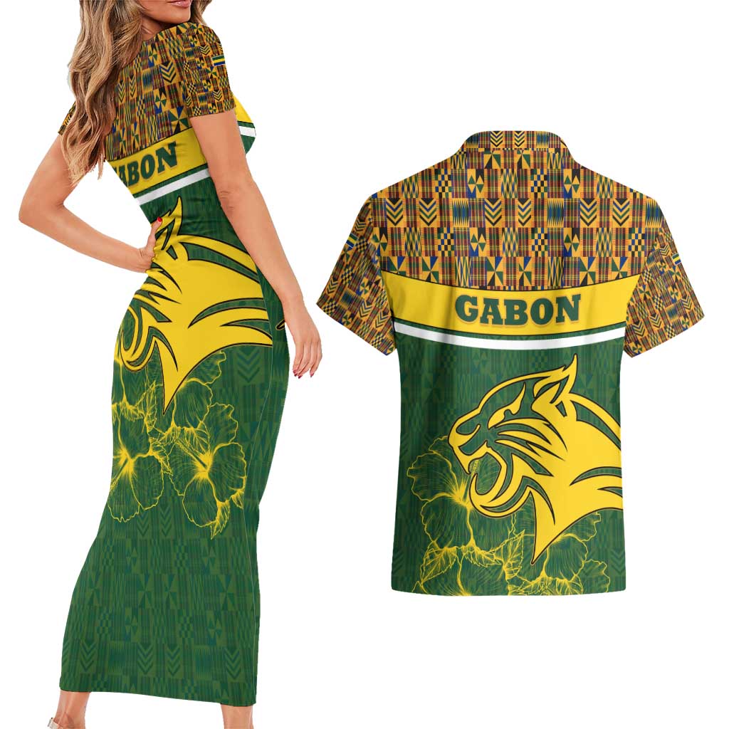 Gabon Couples Matching Short Sleeve Bodycon Dress and Hawaiian Shirt with Tribal Print and Fierce Panther Graphic in National Flag Colors - Wonder Print Shop