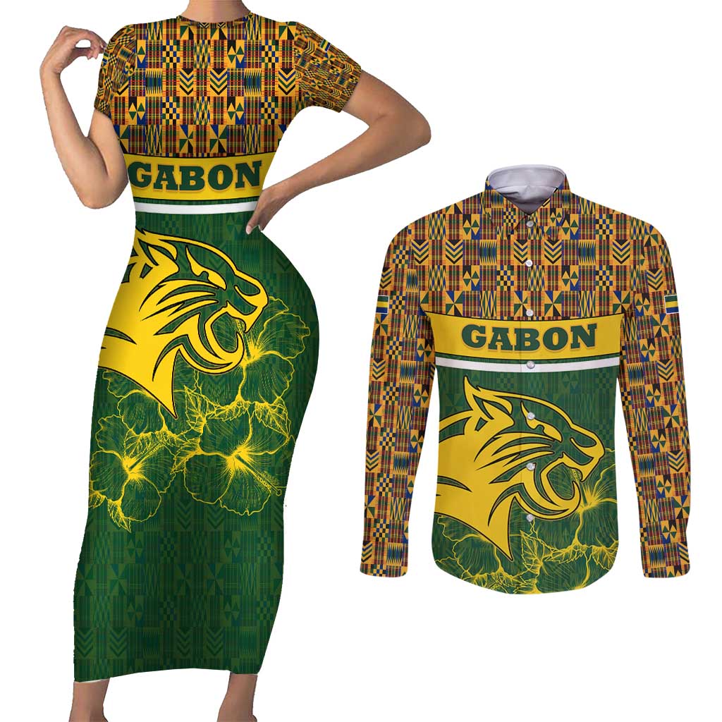 Gabon Couples Matching Short Sleeve Bodycon Dress and Long Sleeve Button Shirt with Tribal Print and Fierce Panther Graphic in National Flag Colors - Wonder Print Shop