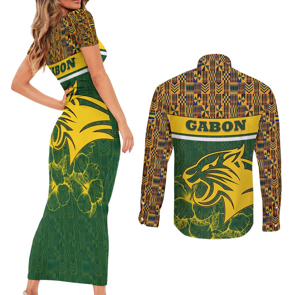 Gabon Couples Matching Short Sleeve Bodycon Dress and Long Sleeve Button Shirt with Tribal Print and Fierce Panther Graphic in National Flag Colors - Wonder Print Shop