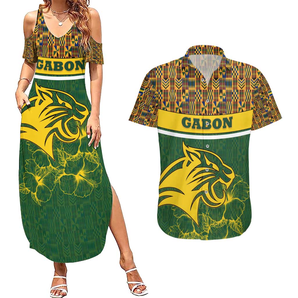 Gabon Couples Matching Summer Maxi Dress and Hawaiian Shirt with Tribal Print and Fierce Panther Graphic in National Flag Colors - Wonder Print Shop