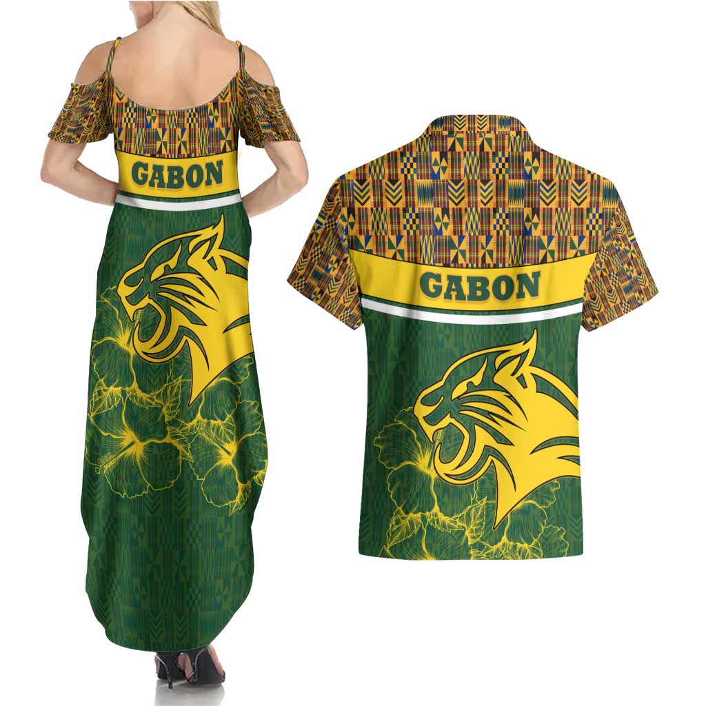 Gabon Couples Matching Summer Maxi Dress and Hawaiian Shirt with Tribal Print and Fierce Panther Graphic in National Flag Colors - Wonder Print Shop