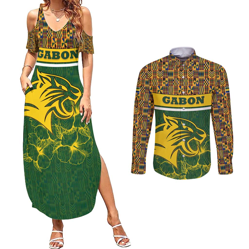 Gabon Couples Matching Summer Maxi Dress and Long Sleeve Button Shirt with Tribal Print and Fierce Panther Graphic in National Flag Colors - Wonder Print Shop
