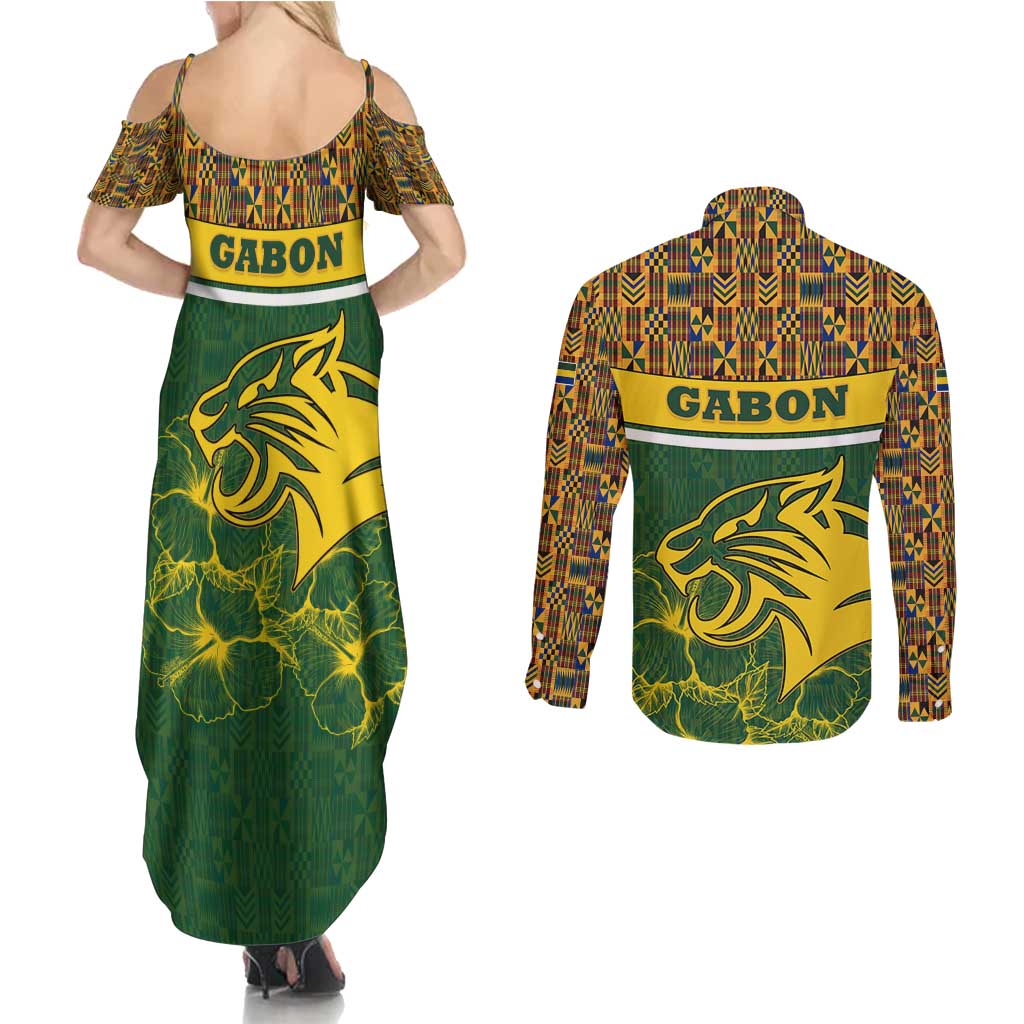 Gabon Couples Matching Summer Maxi Dress and Long Sleeve Button Shirt with Tribal Print and Fierce Panther Graphic in National Flag Colors - Wonder Print Shop