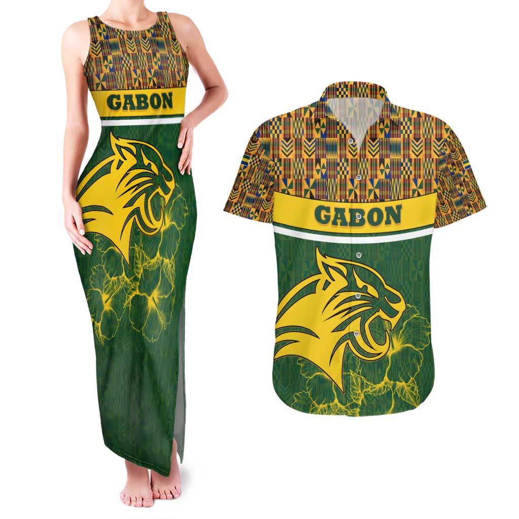 Gabon Couples Matching Tank Maxi Dress and Hawaiian Shirt with Tribal Print and Fierce Panther Graphic in National Flag Colors - Wonder Print Shop