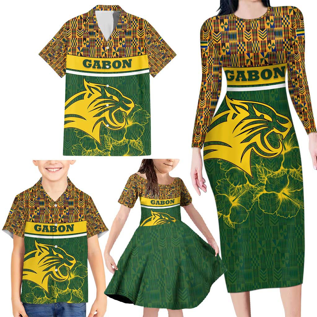 Gabon Family Matching Long Sleeve Bodycon Dress and Hawaiian Shirt with Tribal Print and Fierce Panther Graphic in National Flag Colors - Wonder Print Shop