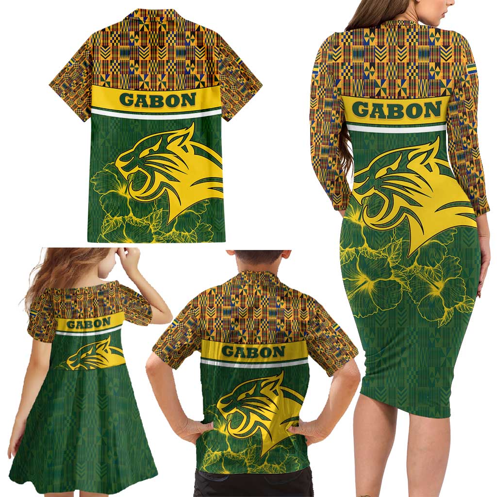 Gabon Family Matching Long Sleeve Bodycon Dress and Hawaiian Shirt with Tribal Print and Fierce Panther Graphic in National Flag Colors - Wonder Print Shop